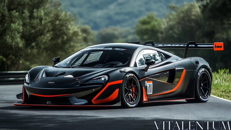 Track-prepped black GT supercar with aero kit and orange trim