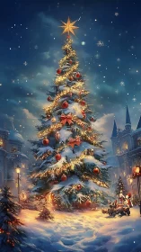 Starlit town square Christmas tree crowned in golden glow.
