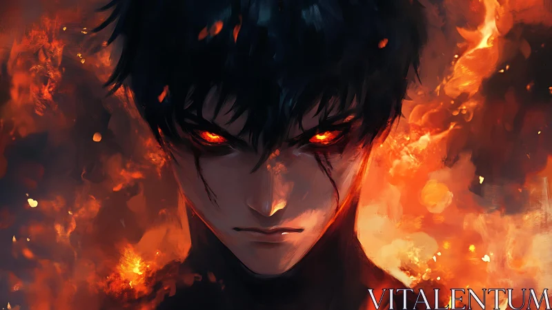 Fire-wreathed anime antihero portrait with glowing ember eyes