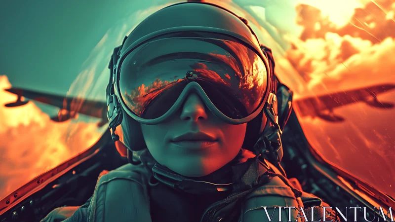 Pilot close-up with reflective visor and high-contrast sunset lighting