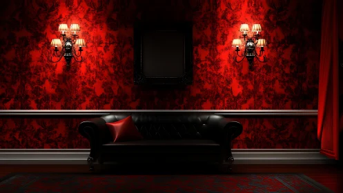 Dark leather sofa in red baroque interior with sconces.