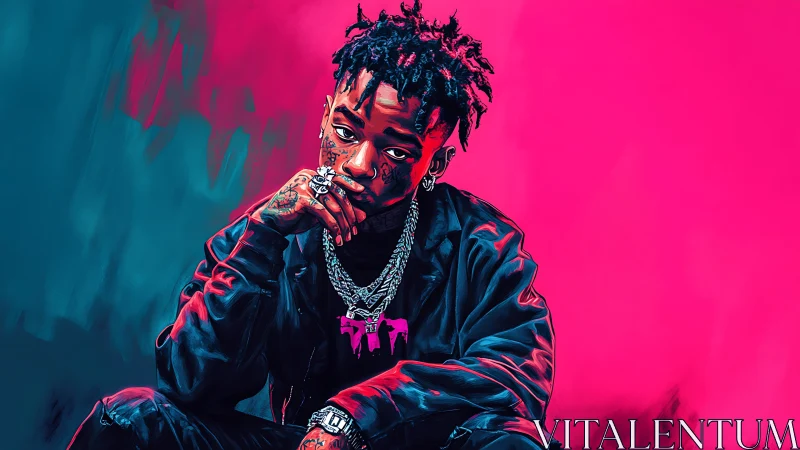 Neon-lit portrait of pensive rapper in bold duotone colors.