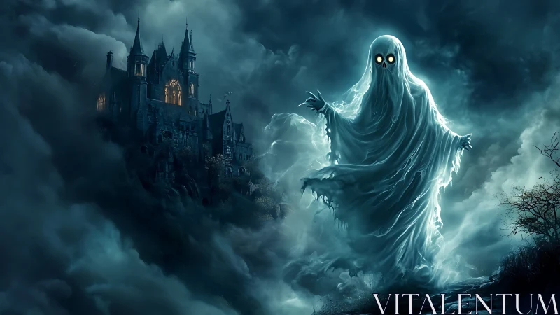Glowing ghost haunts a stormy castle in swirling midnight fog