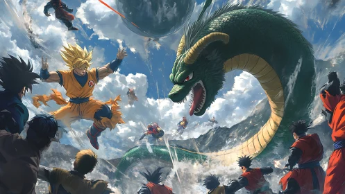 Dynamic anime battle tableau with celestial dragon composition.