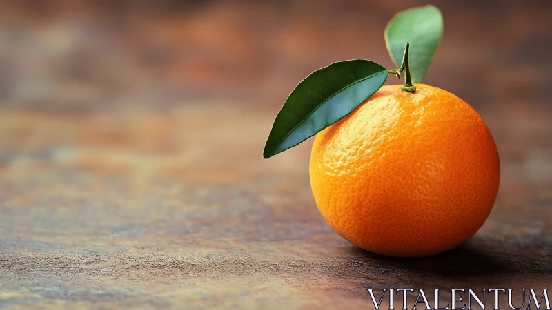 Ripe tangerine rests on textured surface under soft light.