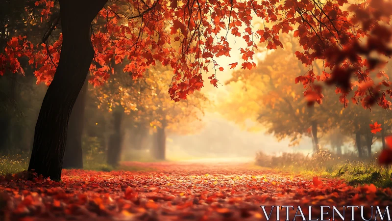 Autumn canopy framing misty forest path with warm bokeh.