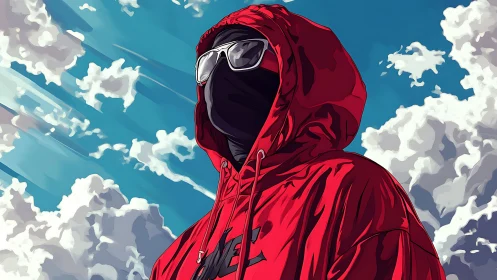 Skybound hooded drifter in blazing red under racing clouds.