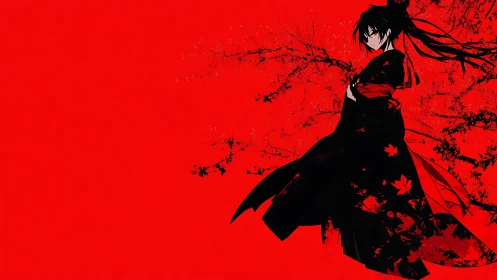 Red-clad anime figure stands amid stark maple silhouettes.