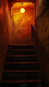 Lonely stairwell ascends into moody, dim amber light above