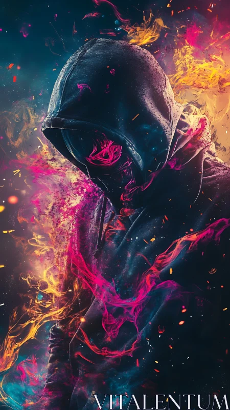 Hooded digital figure stands in swirling neon fire effects