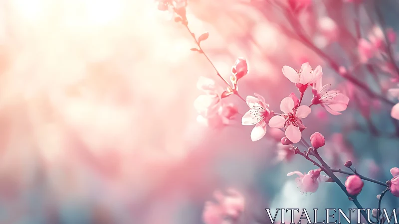 Cherry blossoms with butterfly in soft pink light.