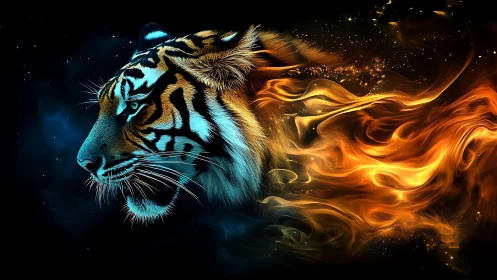 Majestic cosmic tiger wrapped in swirling fire and starlight.