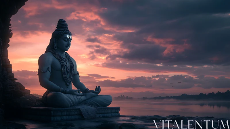 Meditating Shiva statue beside misty river at sunrise