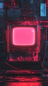 CRT terminal glows over dense circuit wall in neon magenta light
