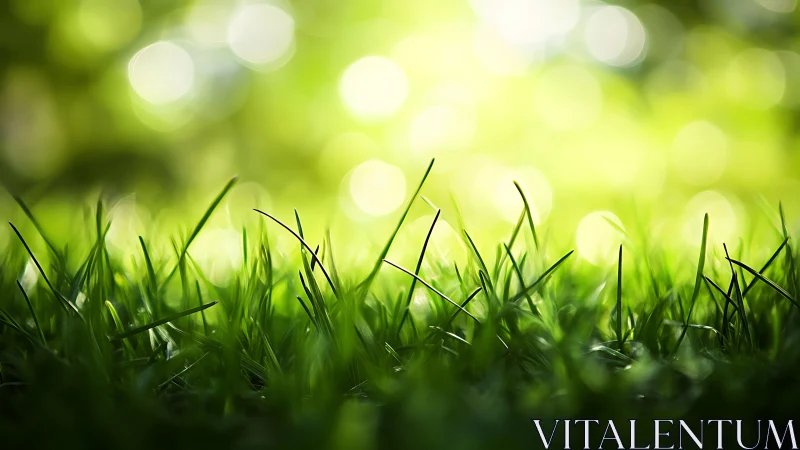 Lush green grass close-up with sunlight and soft bokeh background.