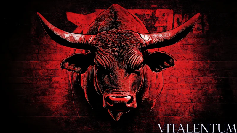 Scarlet bull portrait with high-contrast engraved detailing.