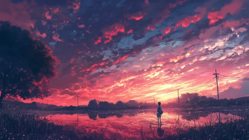 Child by reflective water under dense sunset cloud field.