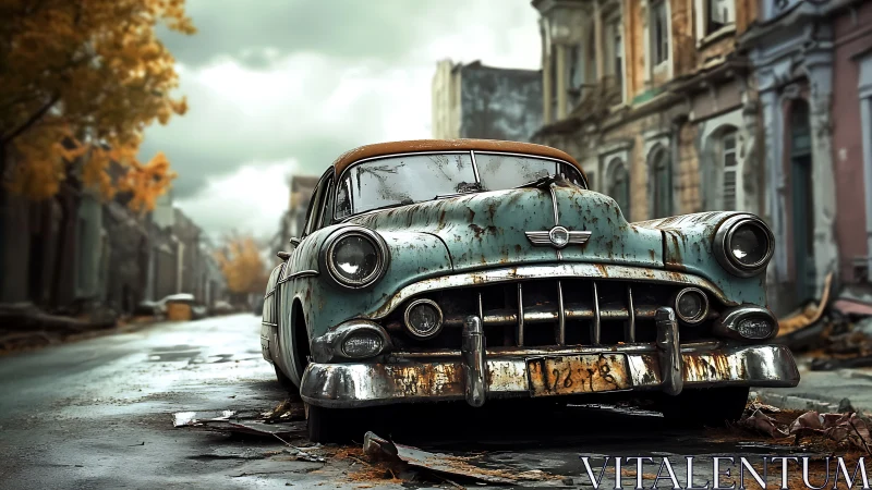 Rusting classic car anchors desolate autumn city street
