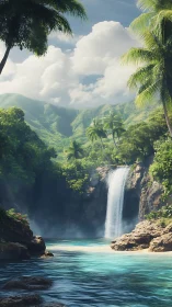 Emerald cove waterfall dreaming beneath cloud crowned peaks.