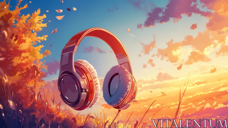 Floating headphones render capture autumn light with soft rim glow