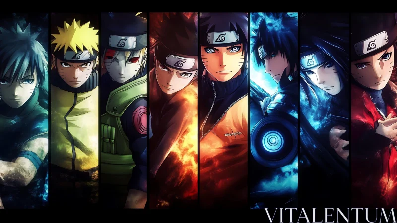 Vertical character lineup shows stylized ninja portraits