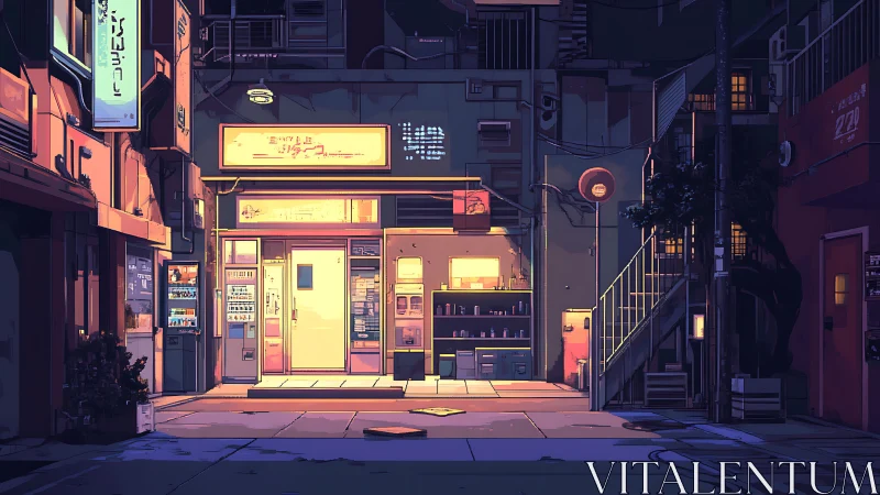 Nocturnal alley storefront under neon-pastel emissive lighting.