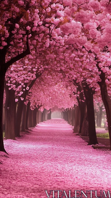 Symmetrical cherry blossom tunnel forms vanishing-point pathway