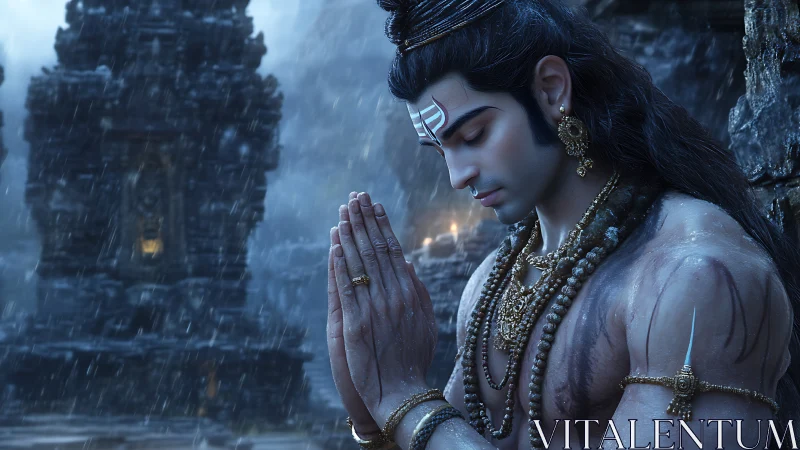 Serene young deity bows in prayer amid ancient stone temple rain