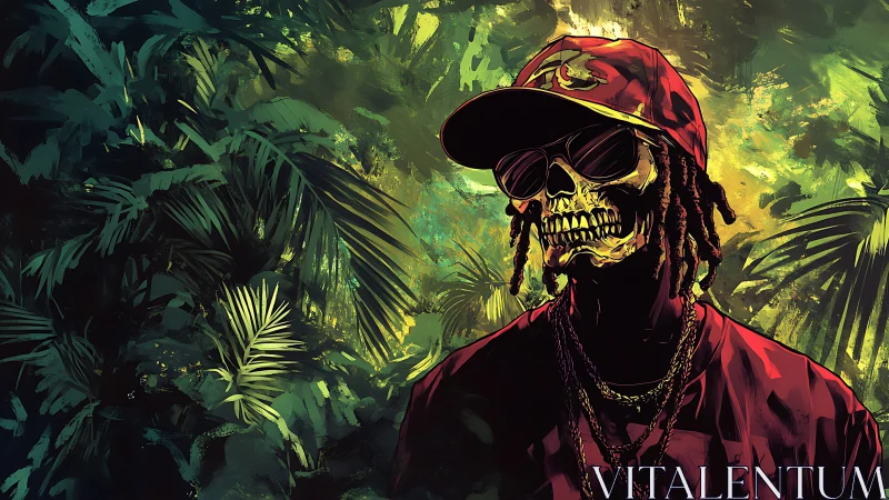 Urban skull icon amid neon jungle foliage.