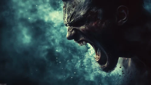 Wounded man screams into swirling blue smoke cloud