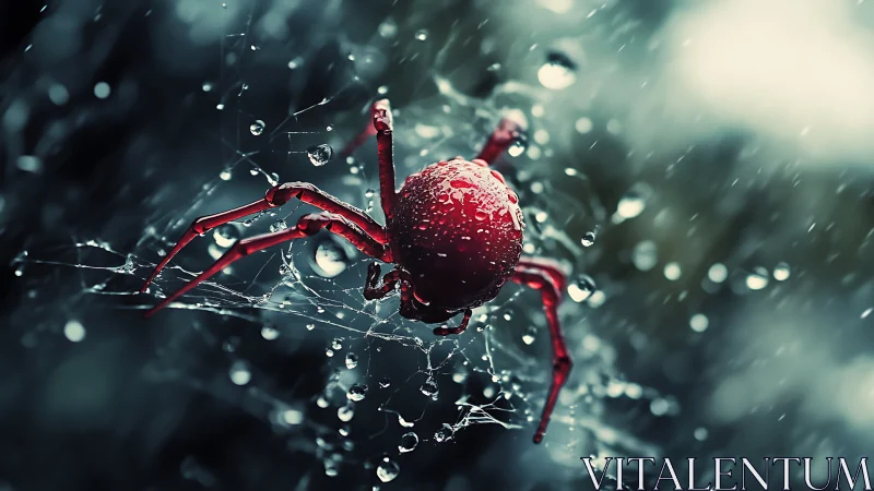 Red spider clings to wet web under heavy falling raindrops