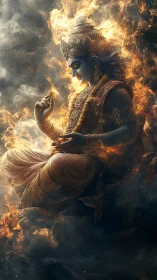 Divine blue deity seated in flames radiates serene power