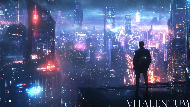 Man on rooftop overlooking neon cyberpunk megacity at night.