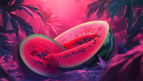 Vivid digital close up of sliced watermelon in neon jungle.