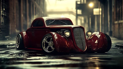 Low-slung custom coupe parked on wet urban alleyway at dusk.