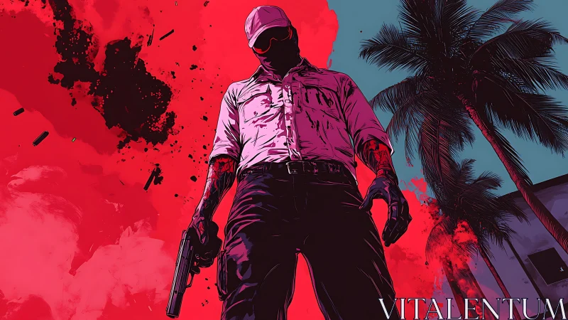 Neon-soaked outlaw beneath stormy palm shadows.