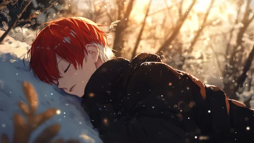 Red haired youth asleep on snow under backlit winter bokeh.