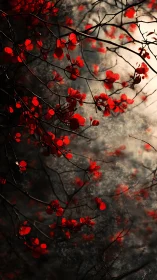 Red blossoms on dark branches against misty gray light.