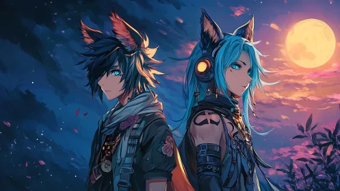 Lunar backlit twin kemonomimi drifters in chromatic dusk.