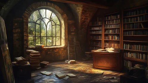 Stone-arched library interior with desk and bookshelves.