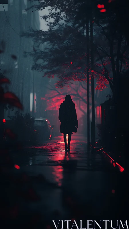 Silhouetted figure walks through neon rain on a lonely street.