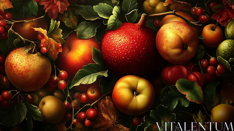 Opulent autumn fruits clustered in dramatic chiaroscuro.