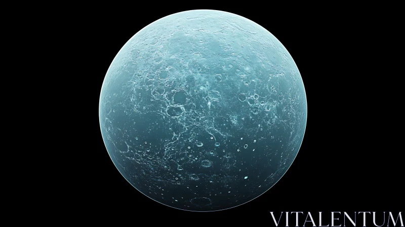 Blue icy cratered planet isolated on deep black space.