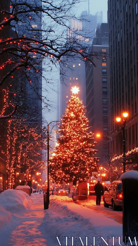 Snowy city street glowing with festive Christmas lights.