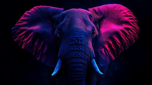 Neon lit elephant portrait shows bilateral ear illumination
