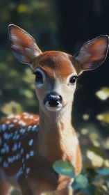Photorealistic portrait of young fawn in soft forest bokeh.