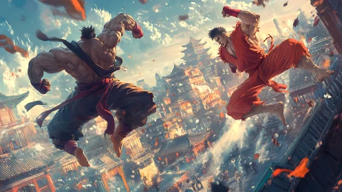 Martial artists clash midair above sprawling Asian cityscape.