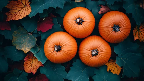 Four orange pumpkins on dark foliage with autumn leaves.