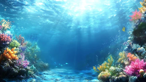 Radiant coral reef vista under refracted tropical sunlight.