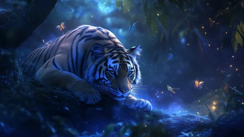 Tiger rests in glowing bioluminescent forest nightscape.